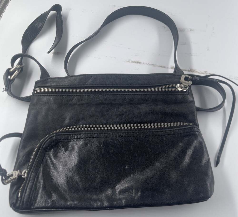 Hobo The Original Black Glazed Leather Crossbody Bag Zip Pockets